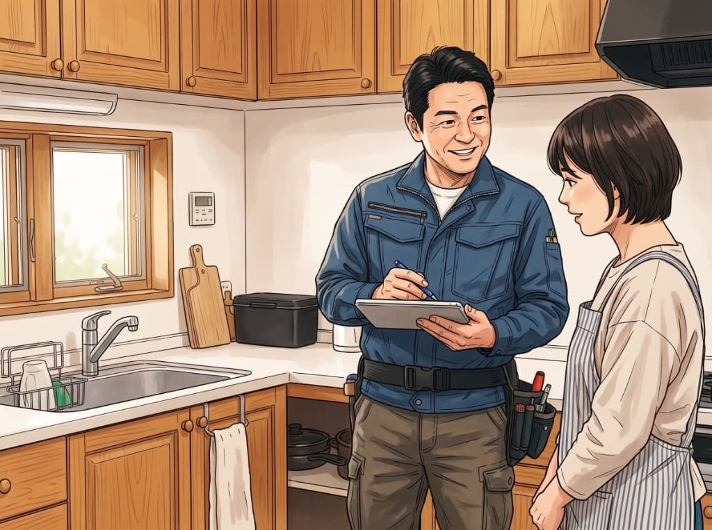 キッチンでお客様にタブレットを見せながら説明する作業員のイラスト