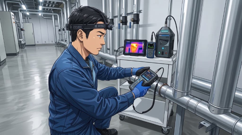 機器を用いて配管の非破壊調査を行う技術者のイラスト