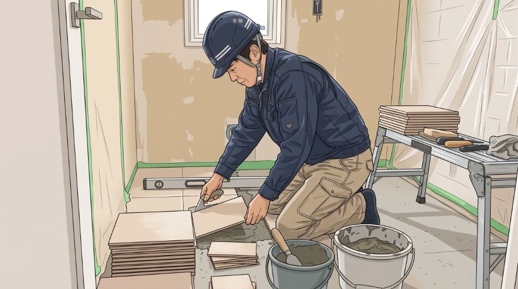 内装工事で床タイルを敷設する作業員のイラスト